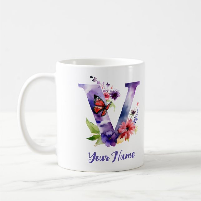 Mug Lettre "V" aux papillons et fleurs personnalisés (Gauche)
