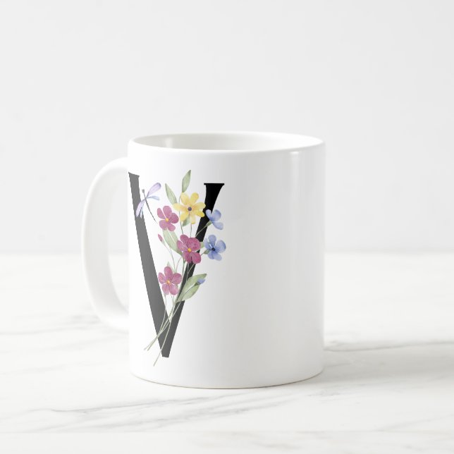 Mug Lettre V avec des fleurs (Devant gauche)