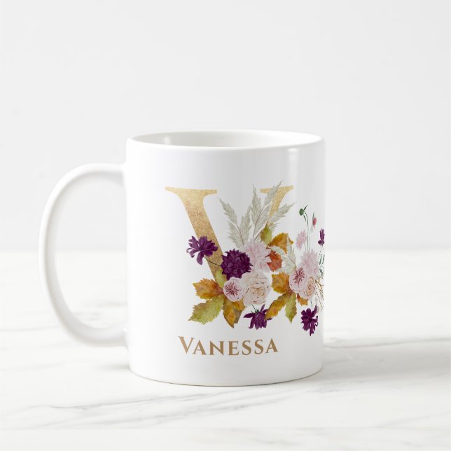 Mug Lettre V - Gold Floral Nom soeur collègue ami coll (Gauche)