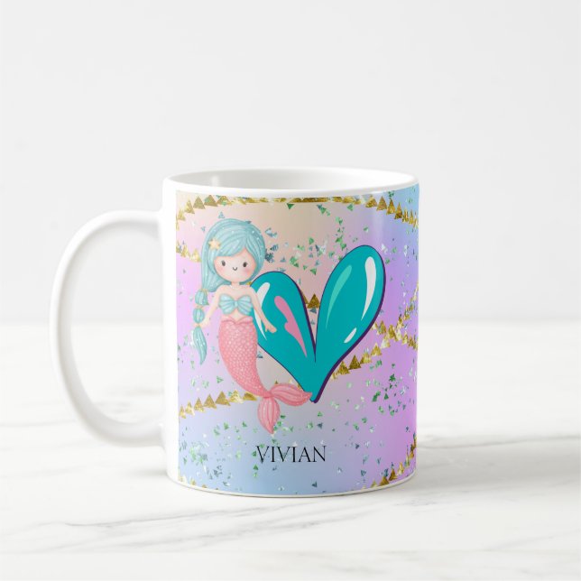 Mug Lettre V Monogramme Aquarelle mignonne Sirène (Gauche)
