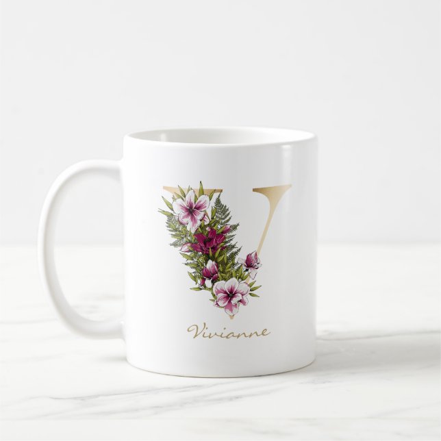 Mug Lettre V Monogramme or Marsala Flores blanches (Gauche)