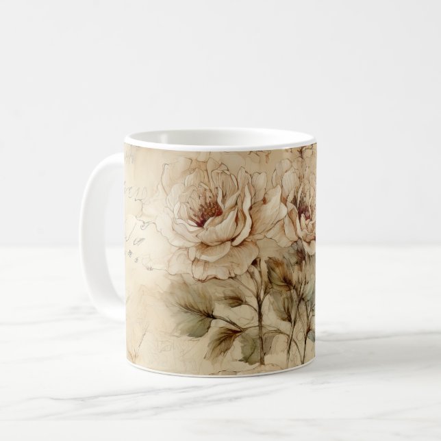 Mug Lettre vintage d'amour parchemin avec fleurs (7) (Devant gauche)
