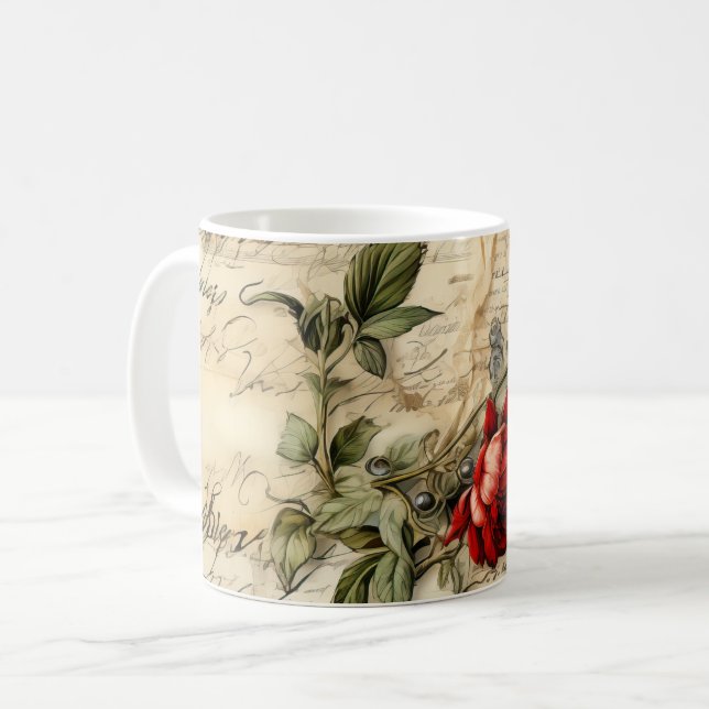 Mug Lettre vintage d'amour parchemin avec fleurs (9) (Devant gauche)
