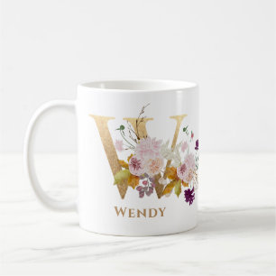 Mug Lettre W - Gold Floral Nom soeur collègue ami coll