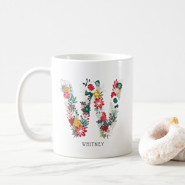 Mug Lettre W | LETTRE FLEURIE Whimsical Monogramme I M (Avec donut)