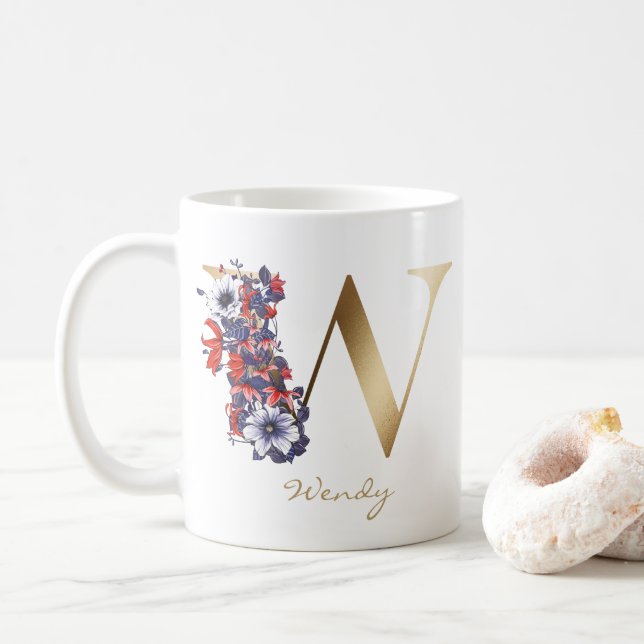 Mug Lettre W Monogramme or rouge blanc pourpre floral (Avec donut)
