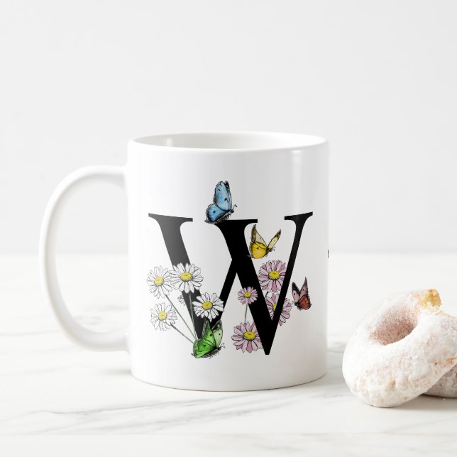 Mug Lettre W Papillon Floral Monogramme Initial   (Avec donut)