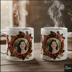 Mug Lettre X de Noël en velours rouge luxueux et or