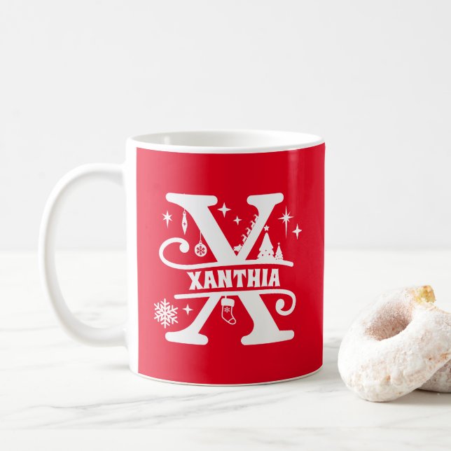 Mug Lettre X Noël Monogramme Nom initial Rouge (Avec donut)