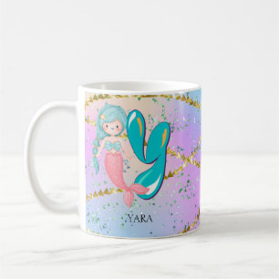 Mug Lettre Y Monogramme Aquarelle mignonne Sirène