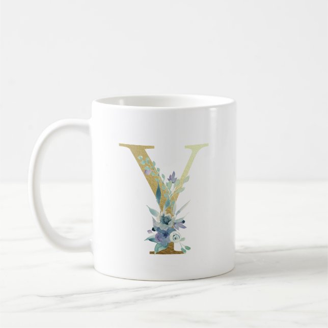 Mug Lettre Y Monogramme Doré Fleurs Aquarelle Bleue (Gauche)