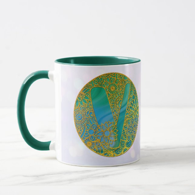 Mug Lettres de monogramme élégantes Turquoise et Paill (Gauche)