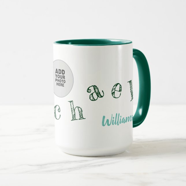 Mug lettres manuscrites de votre nom + photo en vert (Devant droit)