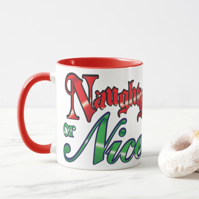 Mug Lettres rouges rétro Noël, Naughty ou Nice (Avec donut)