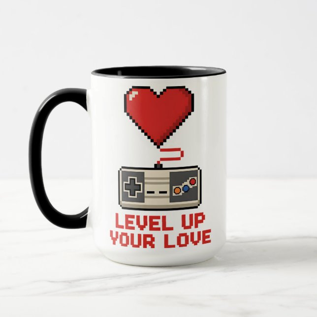 Mug Level Up Your Love, Retro Pixel Gaming Design (Gauche)