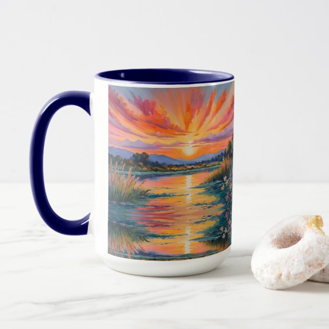 Mug Lever de soleil à l'étang aquarelle (Avec donut)