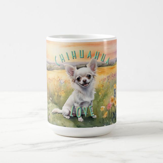 Mug Lever de soleil blanc personnalisé Chihuahua, amou (Centre)