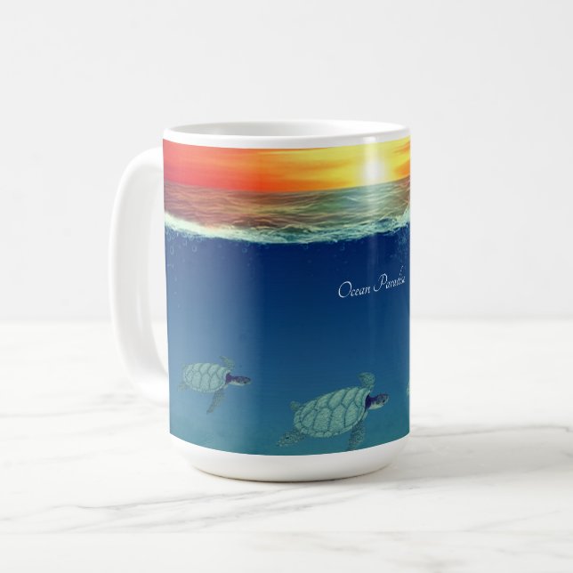 Mug Lever de soleil, tortues de mer & calligraphie (Devant gauche)