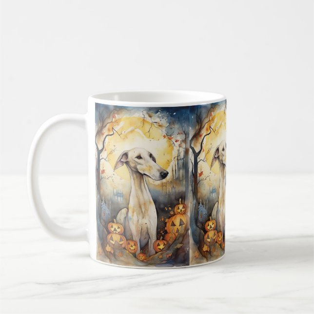 Mug Lévrier d'Halloween avec citrouilles effrayant (Gauche)