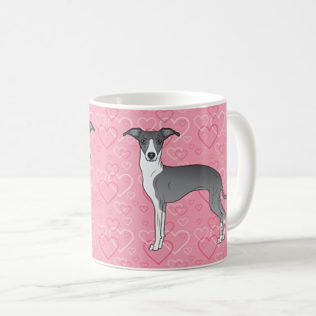 Mug Lévrier Italien Bleu Et Blanc Sur Cœurs Roses (Devant droit)