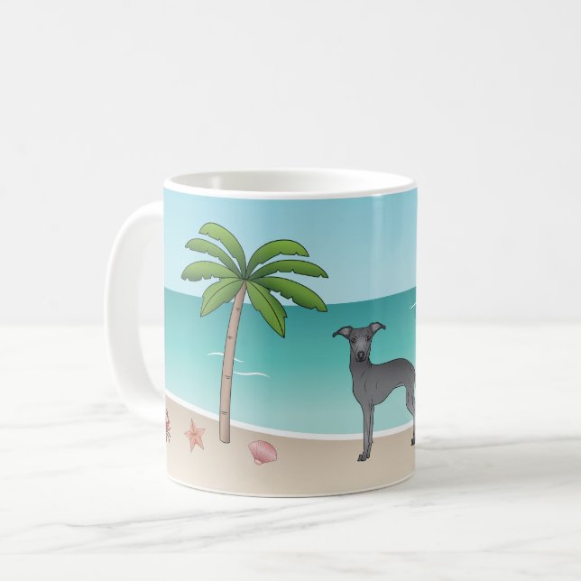 Mug Lévrier Italien Bleu sur une Plage Tropicale d'Été (Devant gauche)