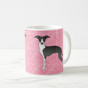 Mug Lévrier Italien Noir Et Blanc Sur Cœurs Roses