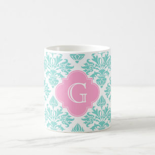 Mug Lg Aqua Floral Damask #3 Pink Quatrefoil Monogramm