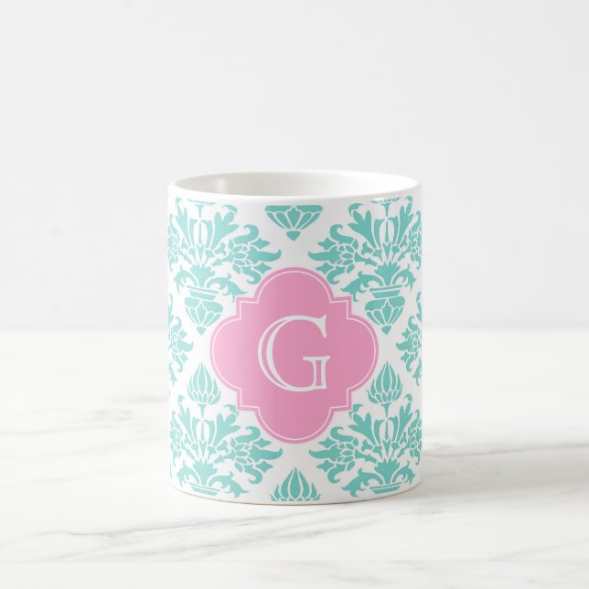Mug Lg Aqua Floral Damask #3 Pink Quatrefoil Monogramm (Centre)