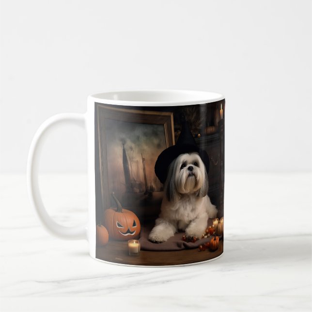 Mug Lhasa Apso Citrouille Halloween effrayant (Gauche)