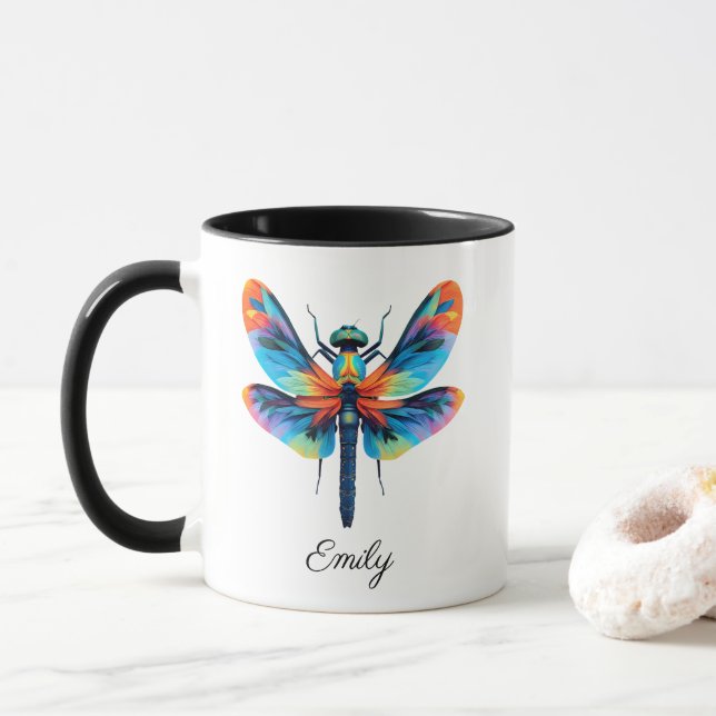 Mug Libellule Arc-en-Ciel Nom Personnalisé  (Avec donut)