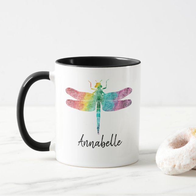 Mug Libellule magnifique d'aquarelle d'arc-en-ciel (Avec donut)