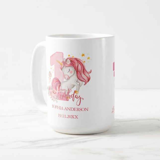 Mug Licorne 1er Anniversaire Fille Rose  (Devant gauche)