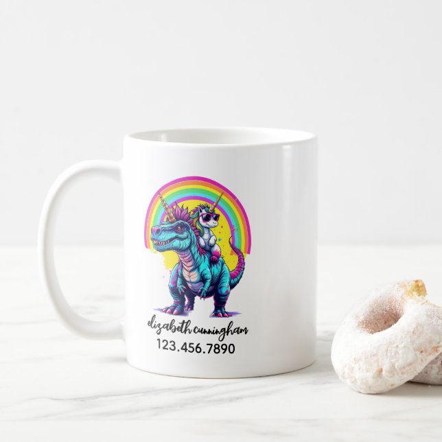 Mug Licorne à cheval sur un dinosaure arc-en-ciel Nom  (Avec donut)