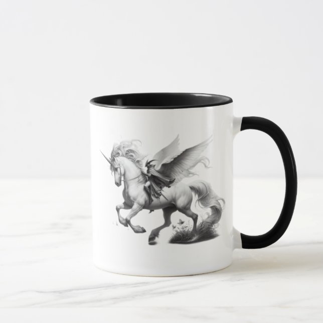 Mug Licorne ailée majestueuse avec chevalier. (Droite)