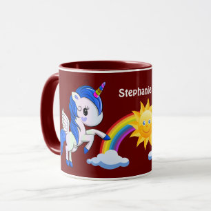 Mug Licorne Bleue Mignonne Arc-en-Ciel Soleil Marron P