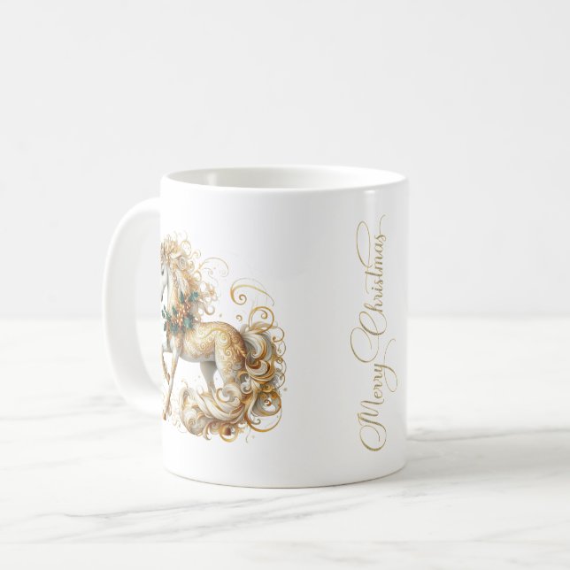 Mug Licorne de Noël Élégante Blanche et Or (Devant gauche)