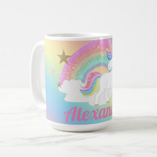 Mug Licorne Mignonne avec Arc-en-Ciel Pailleté et Nom
