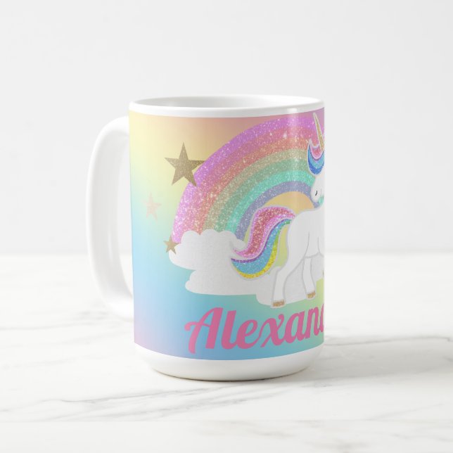 Mug Licorne Mignonne avec Arc-en-Ciel Pailleté et Nom  (Devant gauche)