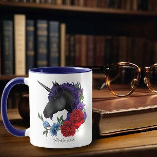 Mug Licorne noire fleurs de jardin de minuit pourpre