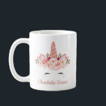 Mug Licorne rose d'or/roses roses d'aquarelle<br><div class="desc">Caractéristiques de conception ce magiques une licorne florale de sourire en or rose scintillant</div>