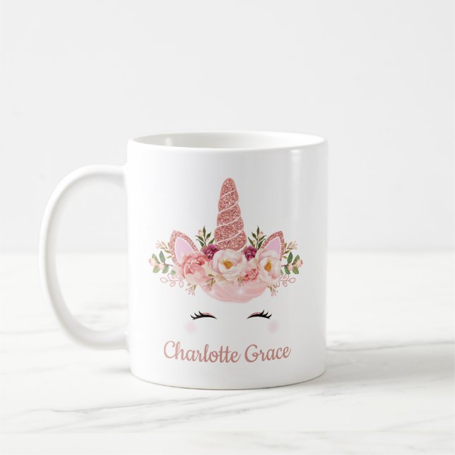 Mug Licorne rose d'or/roses roses d'aquarelle (Gauche)