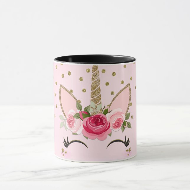 Mug Licorne Tendance Pailletée Or et Fleur Rose (Centre)