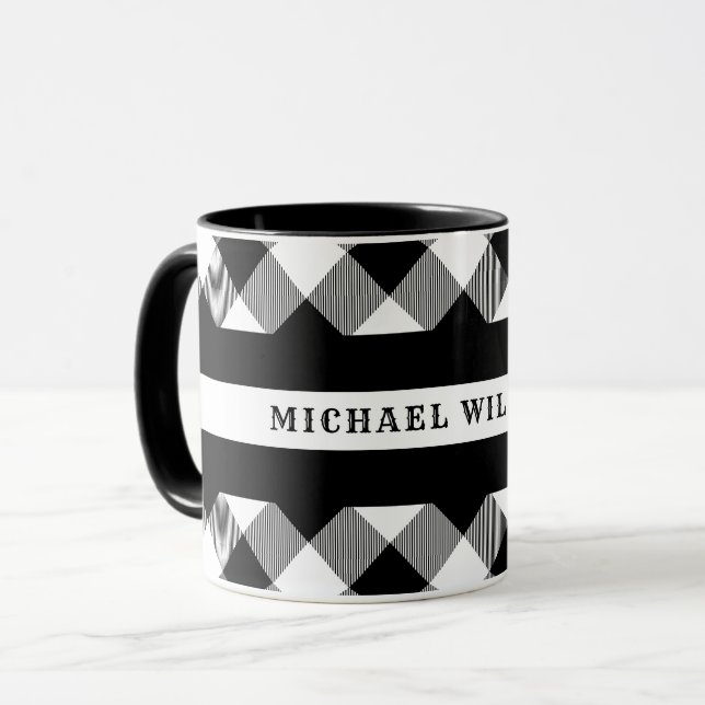 Mug Ligne blanche mince monogramme de plaid de Buffalo (Devant gauche)