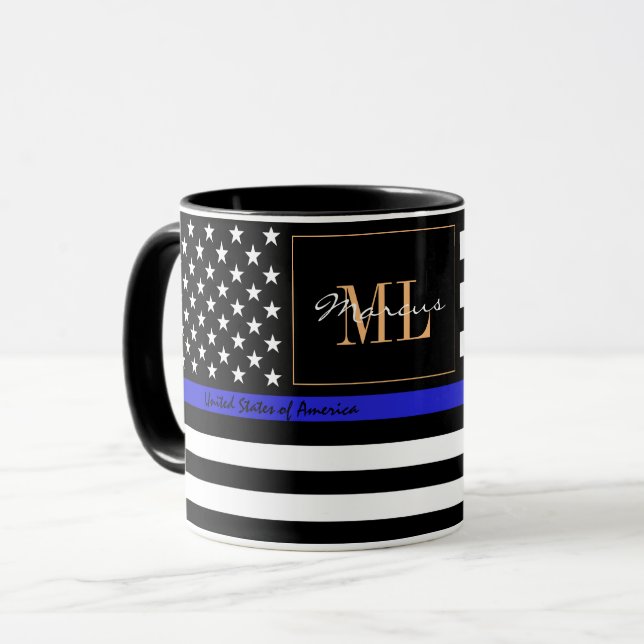 Mug Ligne Bleue Mince & Police américaine du Drapeau / (Devant gauche)