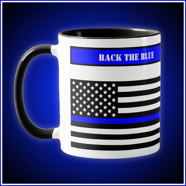 Mug [Ligne Bleue Mince] Retournez la Bleue Police SVG (Design wraps around mug. 11oz Combo style mug with black selected as accent color shown here.)