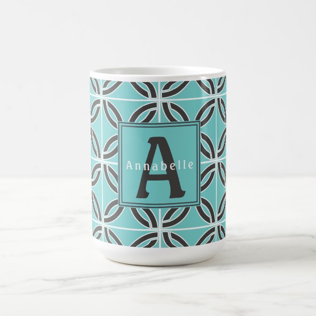 Mug Lignes torsadées en Mint et Gris, Nom et Monogramm (Centre)