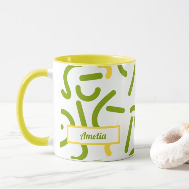Mug Lignes Vertes Jaunes Abstraites  (Avec donut)