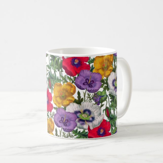 Mug Lilac Rouge Blanc Jaune Poppies & Feuilles verts (Devant droit)