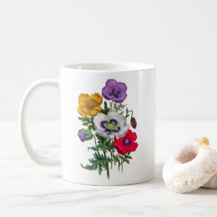 Mug Lilac Rouge Blanc Jaune Poppies & Feuilles verts