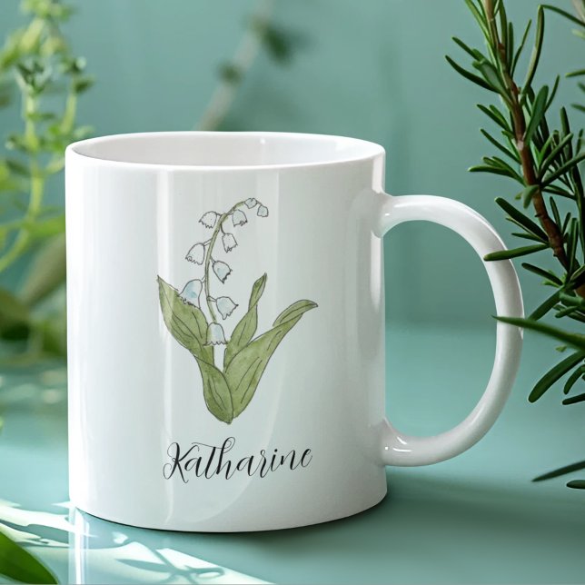 Mug Lily de la Vallée Élégante florale personnalisée (Featuring original art of Lily of the Valley, plus pretty script, this floral mug is a great gift.)